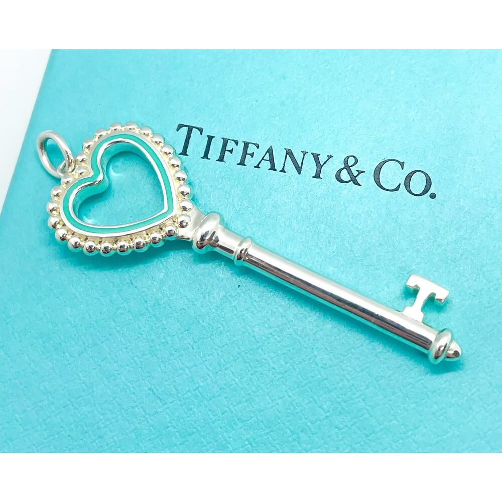 Tiffany & Co Large 2" Teal Blue Enamel Heart Beaded Trefoil Key Charm Pendant